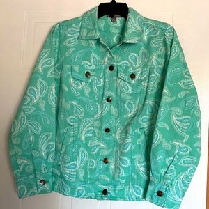 Jessica London Denim Jacket Sz 12 Paisley Lt. Green and White